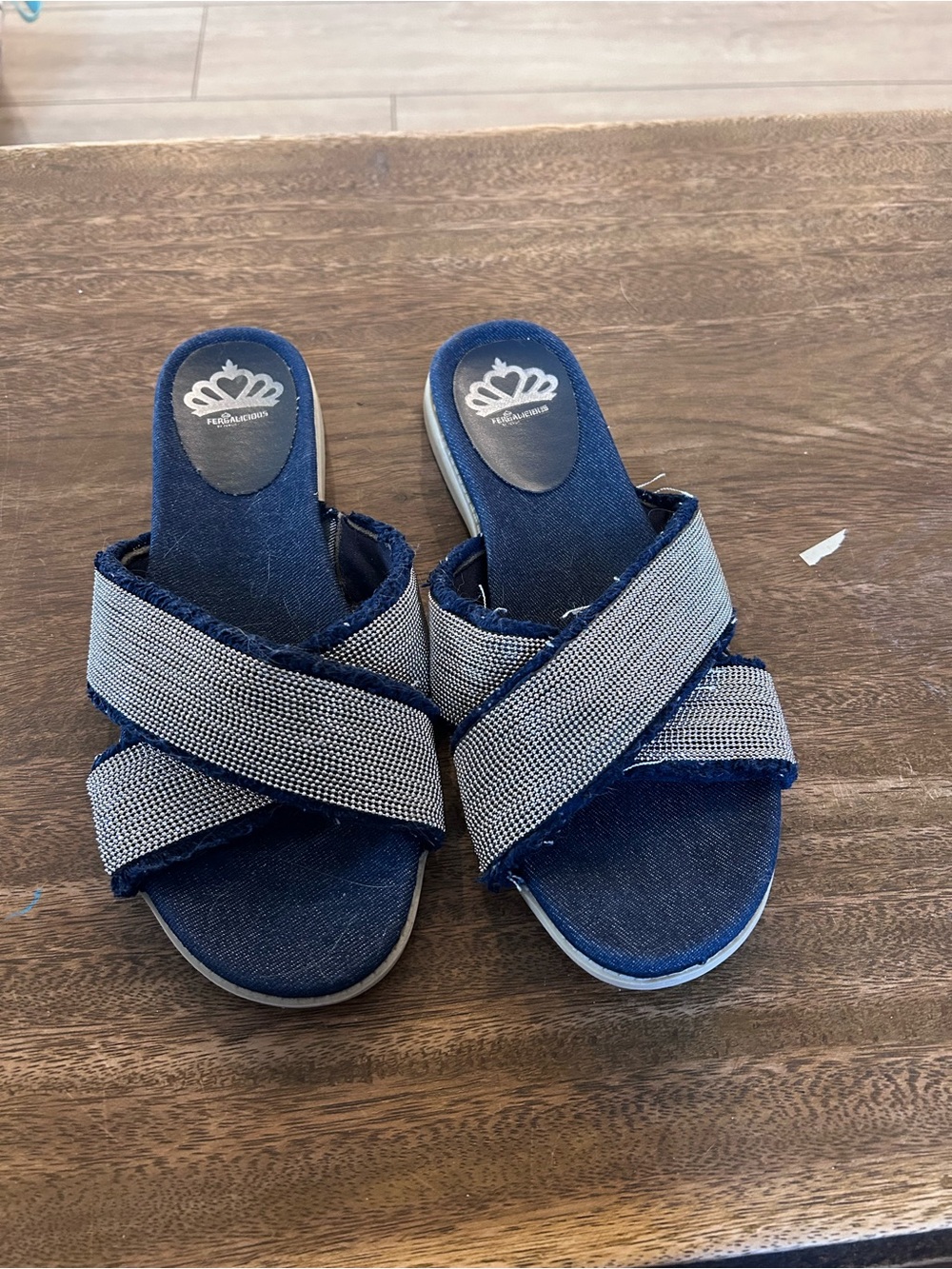 Fergalicious Fergie Zena Denim Rhinestone Criss Cross Slide Sandals Casual Glam